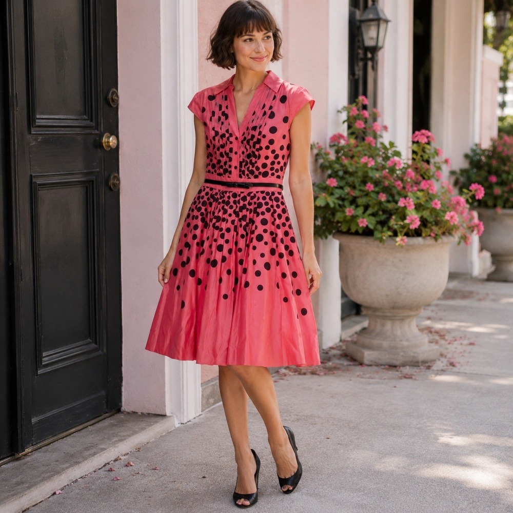Kay Unger New York Silk Blend Polka Dot Fit Flare Dress Pink Black Size 4